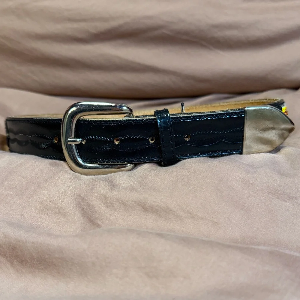 Vintage Beaded Black‎ Leather Belt Size L Silver Buckle Boho Southwestern 80’s